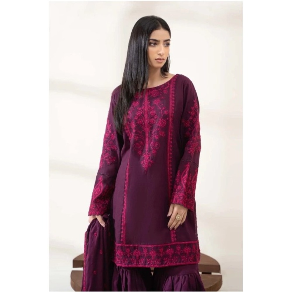 MARIA B Embroidered Kurta Tunic Women Purple Pink Floral Long Sleeve Boho XS